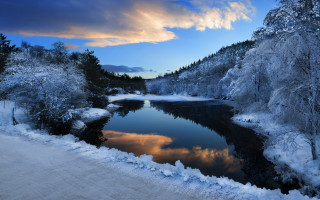 Snowy forest river mountains cloudy - magic realism free wallpaper
