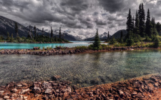Lake mountains trees cloudy sky 44 - mountain and trees under a cloudy sky free wallpaper