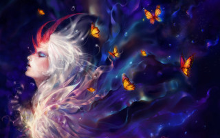 White hair butterflies purple background - swirl free wallpaper