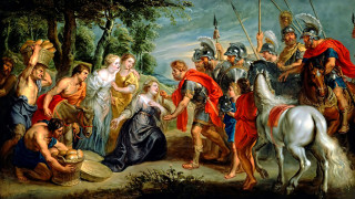 Wooded group children horse man - renaissance oil painting free wallpaper