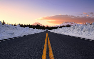 Snowy road mountain pink sky - snow free wallpaper