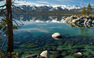 Lake rocks mountains trees snow - rock and water free wallpaper