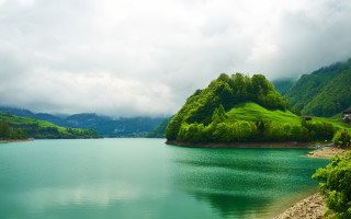 Lake mountains forest sky water - bob ross free wallpaper