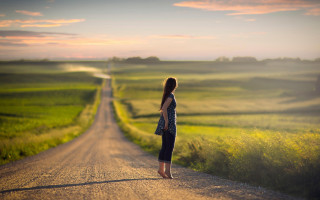 Woman horizon field clouds beach - a road free wallpaper