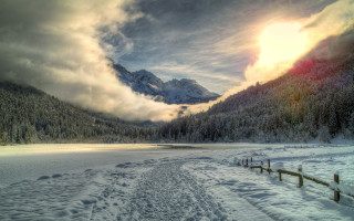 Snowy landscape mountain lake fence - ferenc joachim free wallpaper