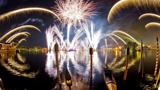 Fireworks lake bridge city night - a fireworks display free wallpaper