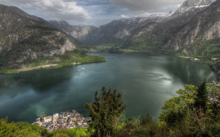 Lake mountains trees clouds nature - mountain and trees under a cloudy sky free wallpaper