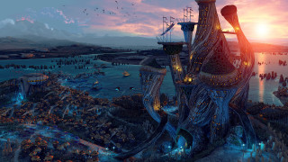 Futuristic city giant tower clock 2 - a futuristic city free wallpaper
