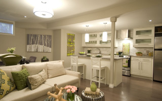Living room couch refrigerator microwave - neutral free wallpaper