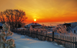 Snowy fence tree sunset house - boleslaw cybi free wallpaper