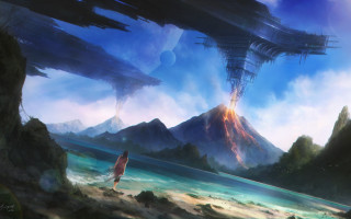 Beach man alien ship mountain - a beach next free wallpaper