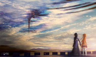 Couple people cloudy sky tower - under free wallpaper