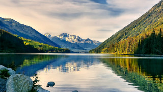 Mountain lake reflection forest sky 16 - a cloudy sky in the background free wallpaper