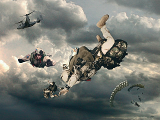 Parachuting people sky helicopter adventure - evert collier free wallpaper