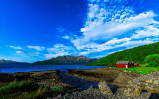 Red house green hillside lake - a red house free wallpaper