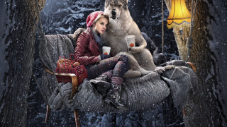 Woman wolf coffee christmas night - magical free wallpaper for desktop