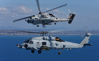 Military helicopters ocean mountains city - bird free wallpaper