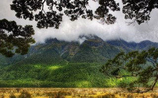 Mountain range forest clouds field - grass and trees free wallpaper