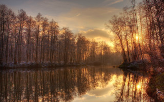 Lake trees sunset reflections autumn - impressionist free wallpaper