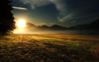 Field tree sunset mountains city 2 - a few mountain free wallpaper