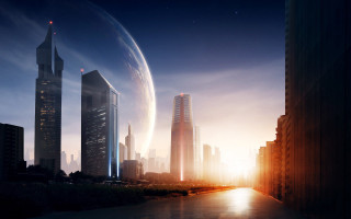 Futuristic city skyscrapers ring sunset - sunset free wallpaper