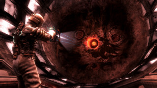 Futuristic man giant object glowing - a gun in a room free wallpaper