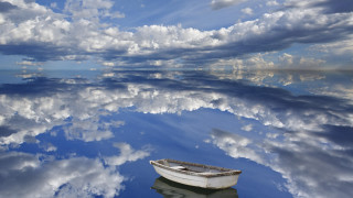 Boat lake clouds reflection surrealism - a surrealist painting free wallpaper