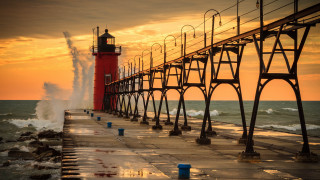Red lighthouse pier ocean sunset - sunset free wallpaper