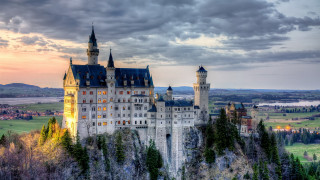 Castle tower clock sunset lake - a tower and a clock free wallpaper