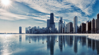 City skyline lake birds skyline - blue sky free wallpaper