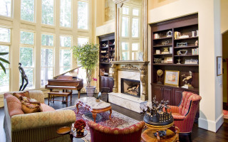 Livingroom piano fireplace largewindow arts - a large window free wallpaper
