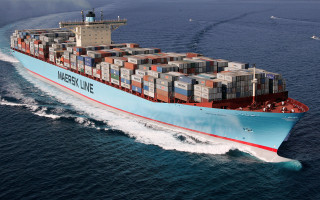 Blue boat containers water digital - international typographic style free wallpaper