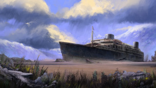 Ship water beach clouds architecture - matte painting concept art free wallpaper