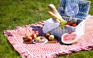 Picnic basket watermelon bread lawn - bread free wallpaper