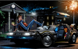 Car woman building clock retrofuturism - matte drawing free wallpaper