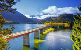 Red bridge mountains autumn nature - a bridge over a body of water free wallpaper