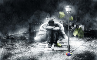 Man bench angelwings lamppost gothic - an angel free wallpaper