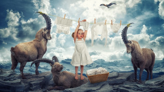 Girl goats rock bird cloud - anne geddes free wallpaper