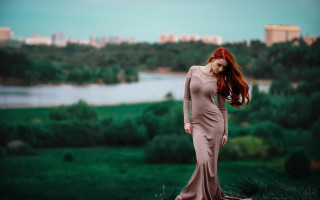 Red hair woman field city - impressionist free wallpaper