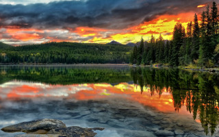 Lake mountain sunset forest bridge - cloud and trees free wallpaper