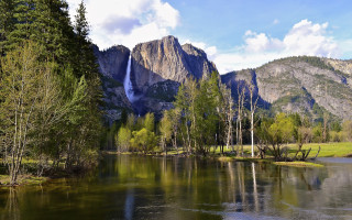 Mountain waterfall lake forest bridge - ansel adams free wallpaper