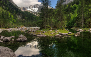 Mountain lake forest rocks snow - ferenc joachim free wallpaper