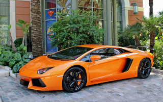Bright orange sports car building 2 - a palm tree in the background free wallpaper
