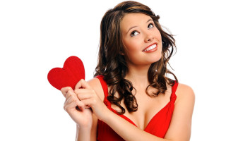 Woman red dress holding heart - pillow free wallpaper