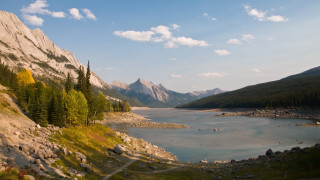 Lake mountains trees trail sunny - a trail free wallpaper