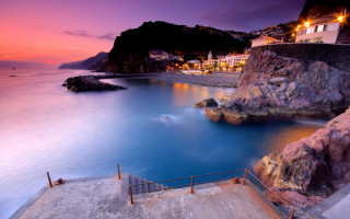 Sunset water beach town red - a matte painting free wallpaper for desktop