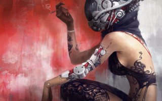 Afrofuturism cyberpunk tattooed woman smoking - bastien l. deharme free wallpaper