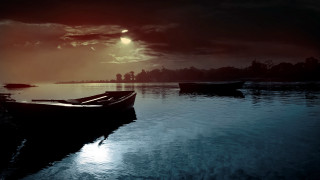 Boat sunset reflection mountain cloudy - a matte painting free wallpaper