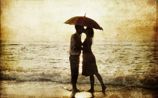 Romantic beach couple umbrella sunset - romantic free wallpaper