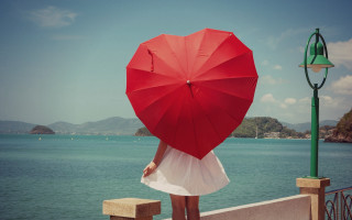 Woman red umbrella beach summer - over the water free wallpaper